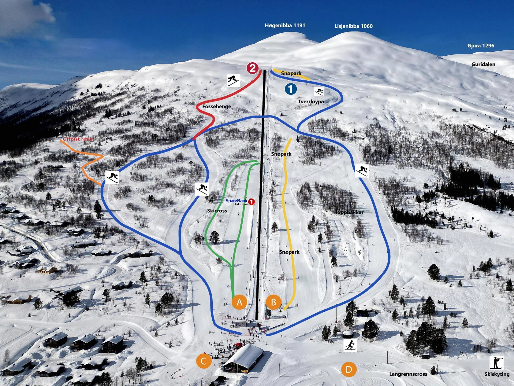 Løypekart med oversikt over heisar, nedfartar og fasilitetar ved Hornindal Skisenter — Nordfjord og Sunnmøre